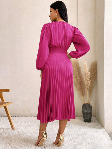 Surplice Neck Bishop Sleeve Pleated Hem Dress