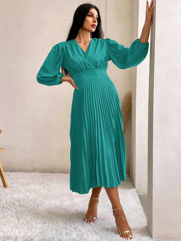 Surplice Neck Bishop Sleeve Pleated Hem Dress