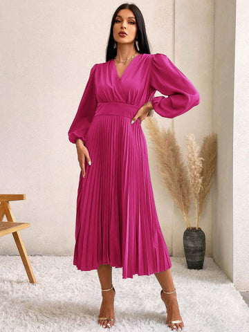 Surplice Neck Bishop Sleeve Pleated Hem Dress