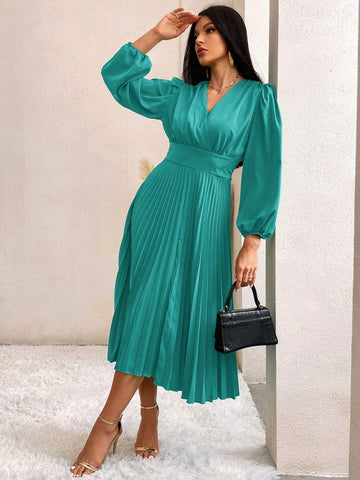 Surplice Neck Bishop Sleeve Pleated Hem Dress