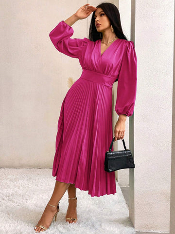 Surplice Neck Bishop Sleeve Pleated Hem Dress