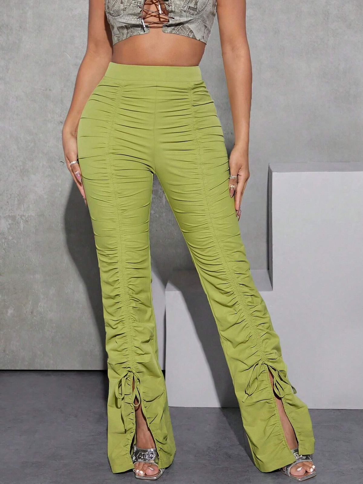 Drawstring Ruched Split Hem Pants