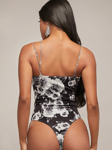 Floral Print Asymmetrical Neck Cami Bodysuit