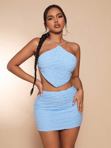 Solid Bandana Hem Crop Tie Backless Halter Top & Bodycon Skirt