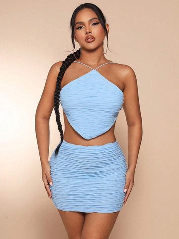 Solid Bandana Hem Crop Tie Backless Halter Top & Bodycon Skirt