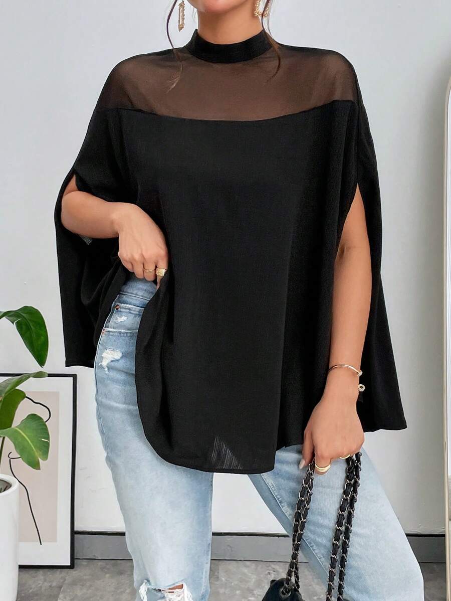 Contrast Mesh Cloak Sleeve Mock Neck Blouse