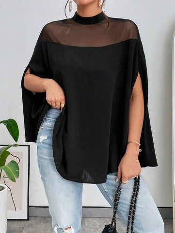 Contrast Mesh Cloak Sleeve Mock Neck Blouse