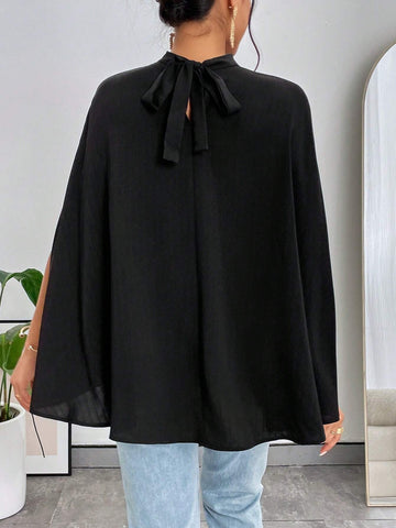 Contrast Mesh Cloak Sleeve Mock Neck Blouse