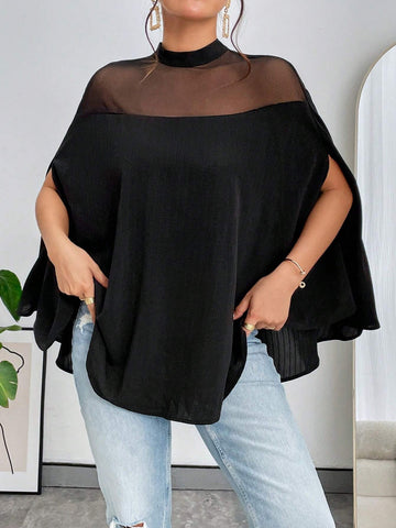 Contrast Mesh Cloak Sleeve Mock Neck Blouse