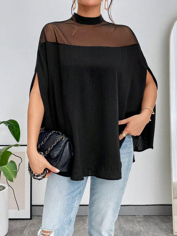 Contrast Mesh Cloak Sleeve Mock Neck Blouse