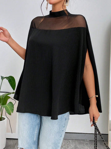 Contrast Mesh Cloak Sleeve Mock Neck Blouse