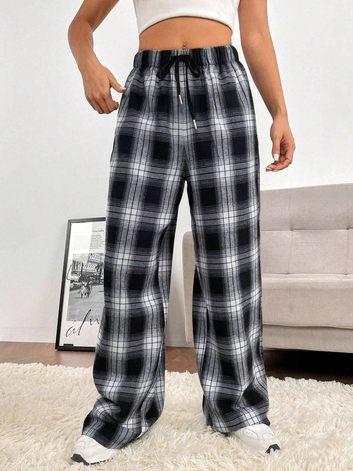EZwear Plaid Print Drawstring Waist Wide Leg Pants