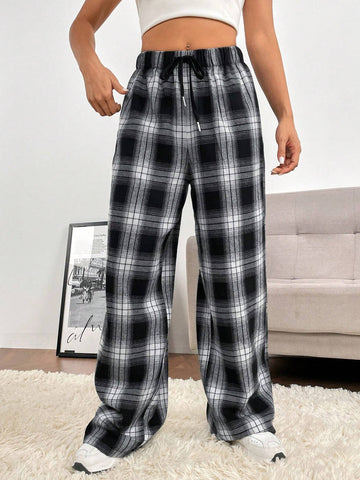EZwear Plaid Print Drawstring Waist Wide Leg Pants