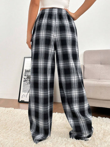 EZwear Plaid Print Drawstring Waist Wide Leg Pants