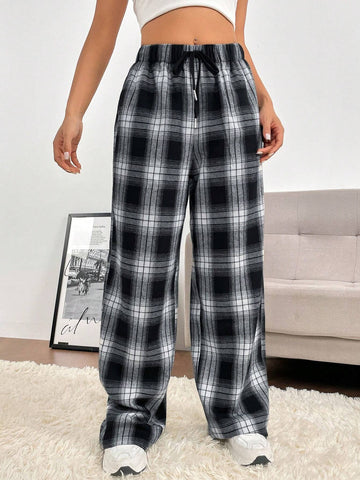 EZwear Plaid Print Drawstring Waist Wide Leg Pants
