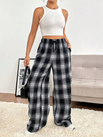 EZwear Plaid Print Drawstring Waist Wide Leg Pants