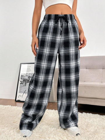 EZwear Plaid Print Drawstring Waist Wide Leg Pants