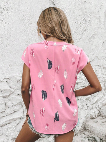 Feather Print Batwing Sleeve Blouse