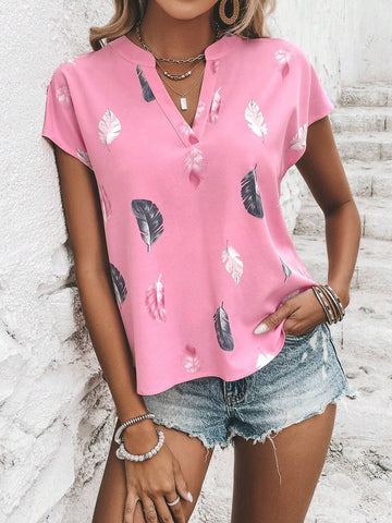 Feather Print Batwing Sleeve Blouse