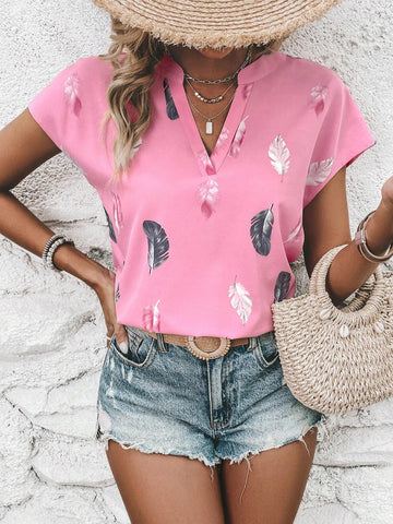 Feather Print Batwing Sleeve Blouse