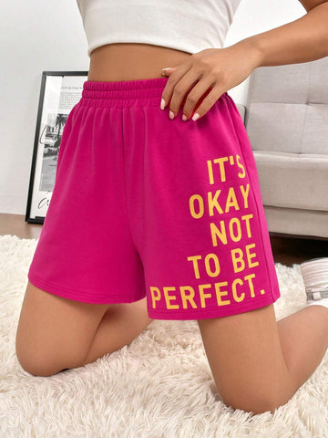 EZwear Slogan Graphic Elastic Waist Shorts