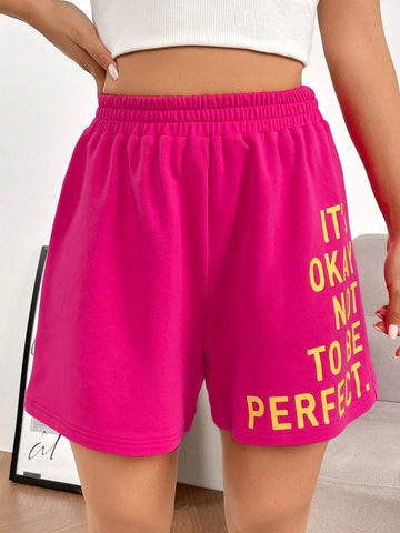 EZwear Slogan Graphic Elastic Waist Shorts