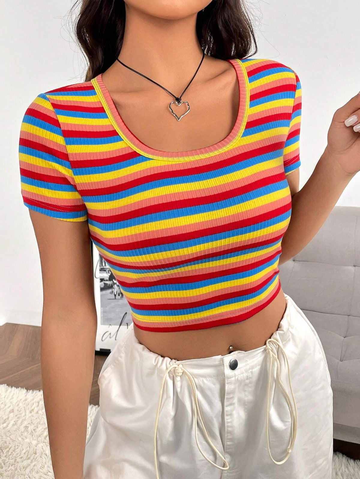 EZwear Rainbow Striped Print Crop Tee