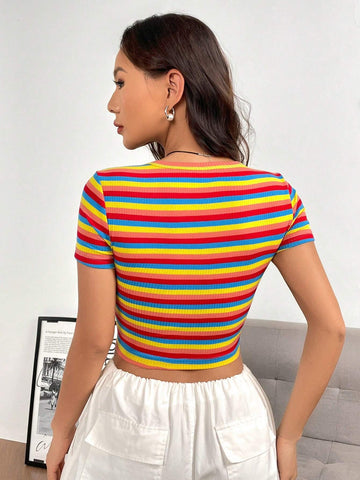 EZwear Rainbow Striped Print Crop Tee