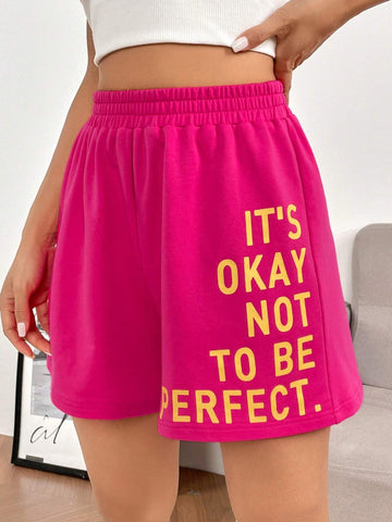 EZwear Slogan Graphic Elastic Waist Shorts