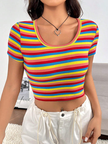 EZwear Rainbow Striped Print Crop Tee