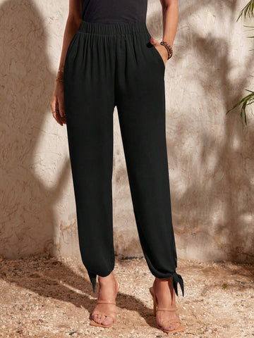 EMERY ROSE Slant Pocket Split Thigh Knot Hem Pants