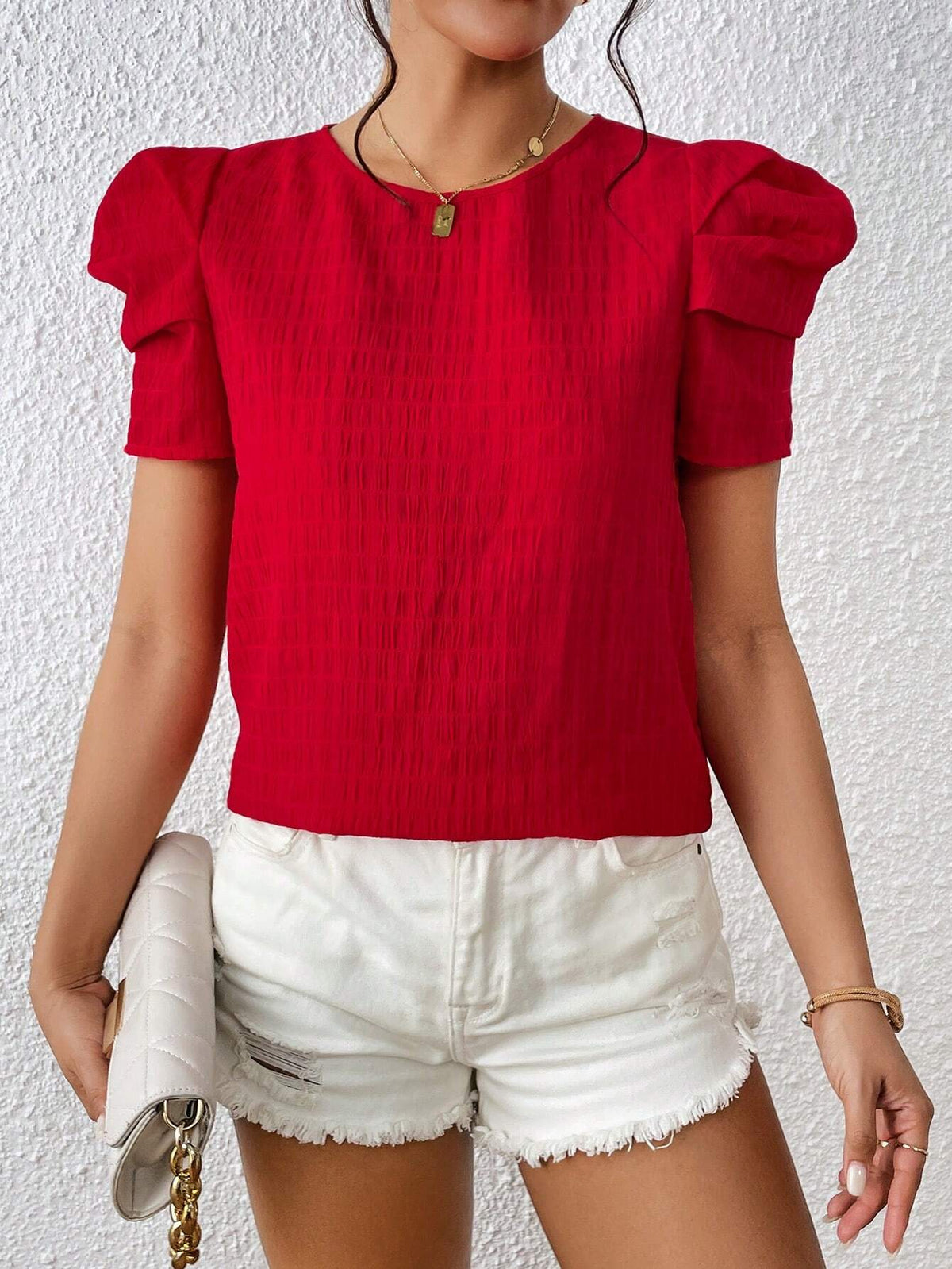 Solid Puff Sleeve Keyhole Back Blouse