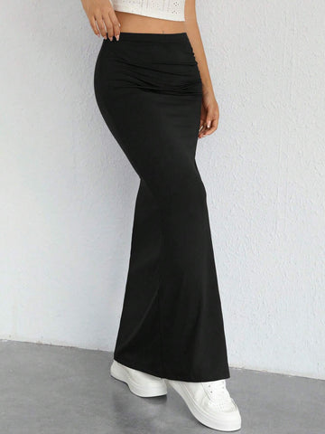 EZwear Solid Split Thigh Ruched Detail Skirt