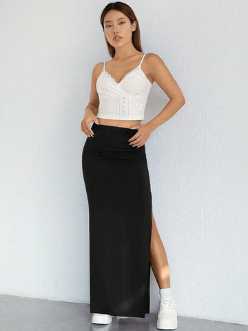 EZwear Solid Split Thigh Ruched Detail Skirt