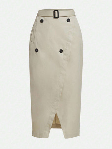 BIZwear Double Breasted Belted Split Hem Skirt