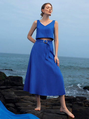 MOTF PREMIUM LINEN VISCOSE CAMI BELTED SKIRT SET