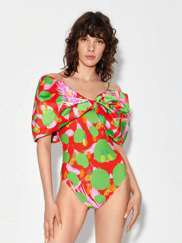 Feather & Pineapple Print Knot Front Bodysuit