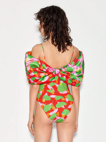 Feather & Pineapple Print Knot Front Bodysuit