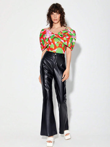 Feather & Pineapple Print Knot Front Bodysuit