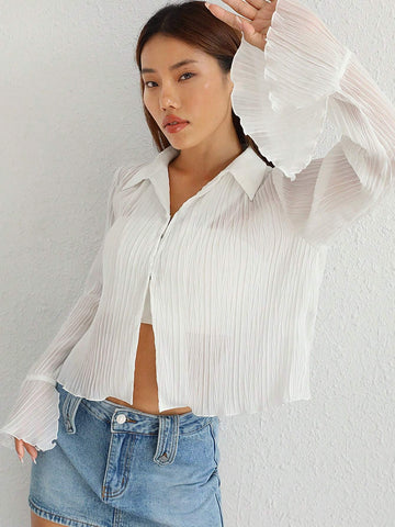 Solid Flounce Sleeve Button Front Shirt Without Cami Top