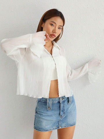 Solid Flounce Sleeve Button Front Shirt Without Cami Top