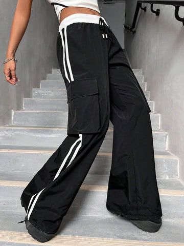 ICON Striped Side Flap Pocket Drawstring Waist Cargo Pants