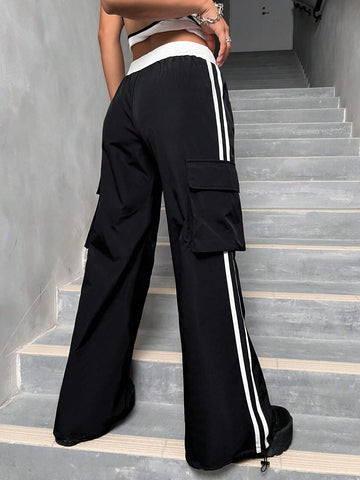 ICON Striped Side Flap Pocket Drawstring Waist Cargo Pants