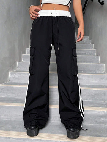 ICON Striped Side Flap Pocket Drawstring Waist Cargo Pants