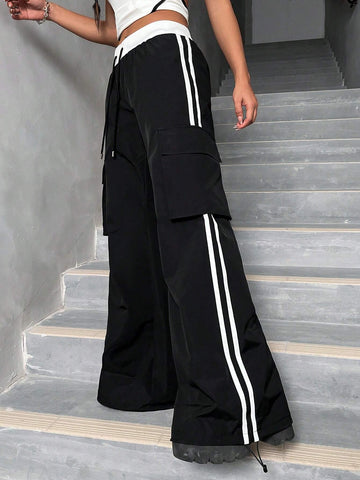 ICON Striped Side Flap Pocket Drawstring Waist Cargo Pants
