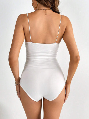 Draped Collar Ruched Cami Bodysuit