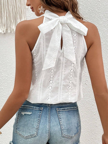 Eyelet Embroidery Tie Back Halter Neck Blouse