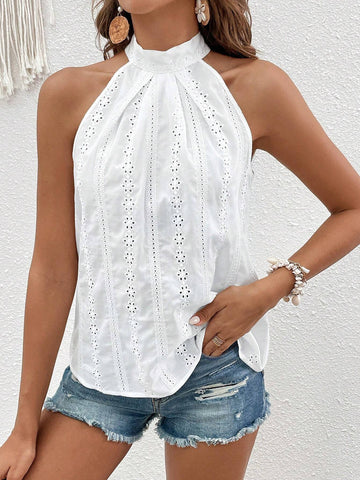 Eyelet Embroidery Tie Back Halter Neck Blouse