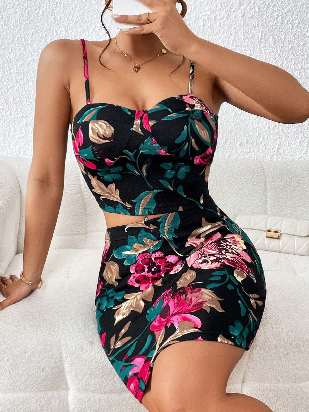 Floral Print Cami Top & Bodycon Skirt