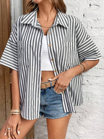 Striped Print Batwing Sleeve Shirt